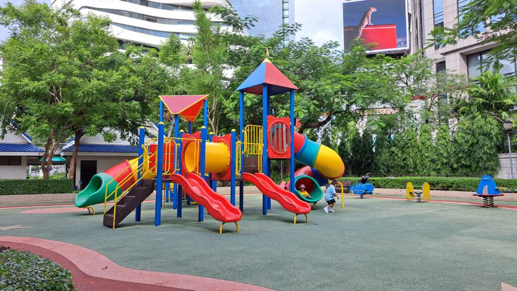 Benchasiri Park outdoor playground and lake with turtles